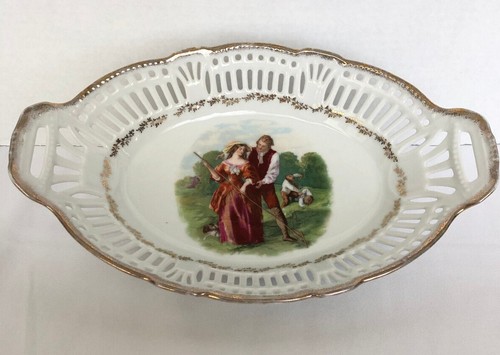 German RETICULATED PORCELAIN Oval Plate Over 100 years old #190 White Gold Paint - Picture 8 of 11
