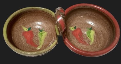 Chili Pepper Design Terra Cotta Double  Bowl Salsa Pots Glazed