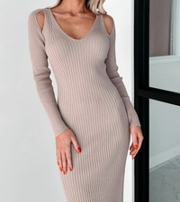 Cutout Sweater Midi Dress Taupe Beige Size Large