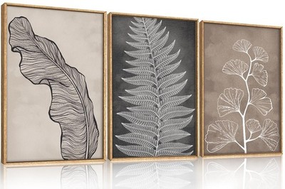 Botanical Neutral Framed Wall Art Set, Abstract Fern Leaf Canvas Wall Decor, ...