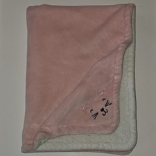 Carter's Pink Kitty Cat Face Fleece Baby Blanket White Sherpa Soft 29" x 39"