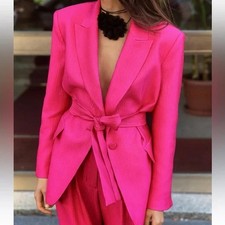 Zara Textured Belted Blazer Hot Pink Size XS