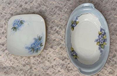 Antique Noritake Morimura Forget Me Not Oval Bowl Square Plate Set Hand Painted
