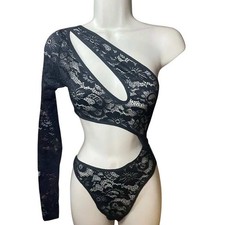 Frederick's of Hollywood Kerry Black Lace Asymmetrical Bodysuit M NWT