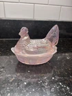 Vintage Fenton Pink Iridescent Glass Hen on Nest Chicken Dish Carnival Glass
