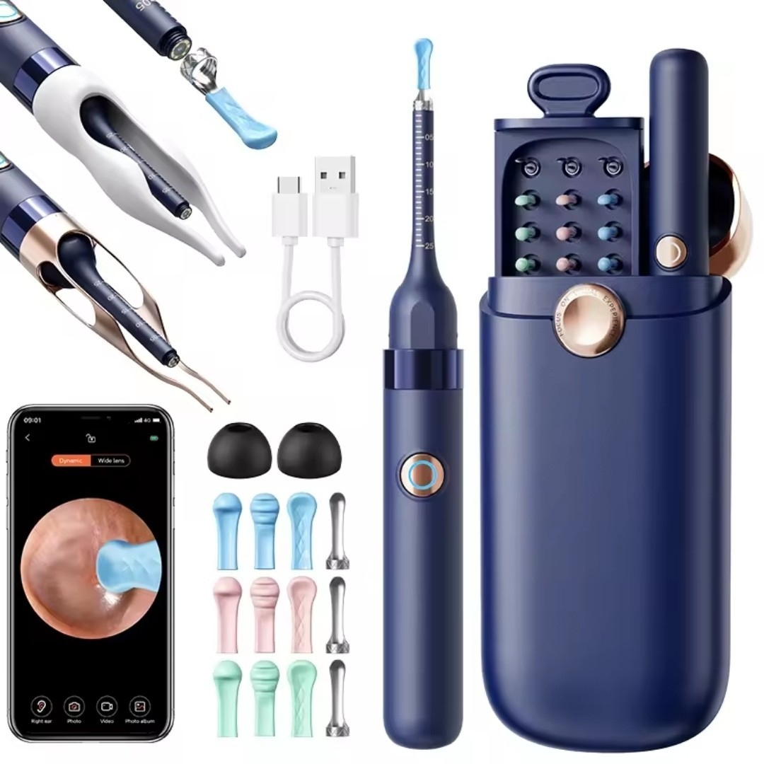 Nettoyeur d’oreille avec caméra HD otoscope et 14 embouts en silicone souple bleu