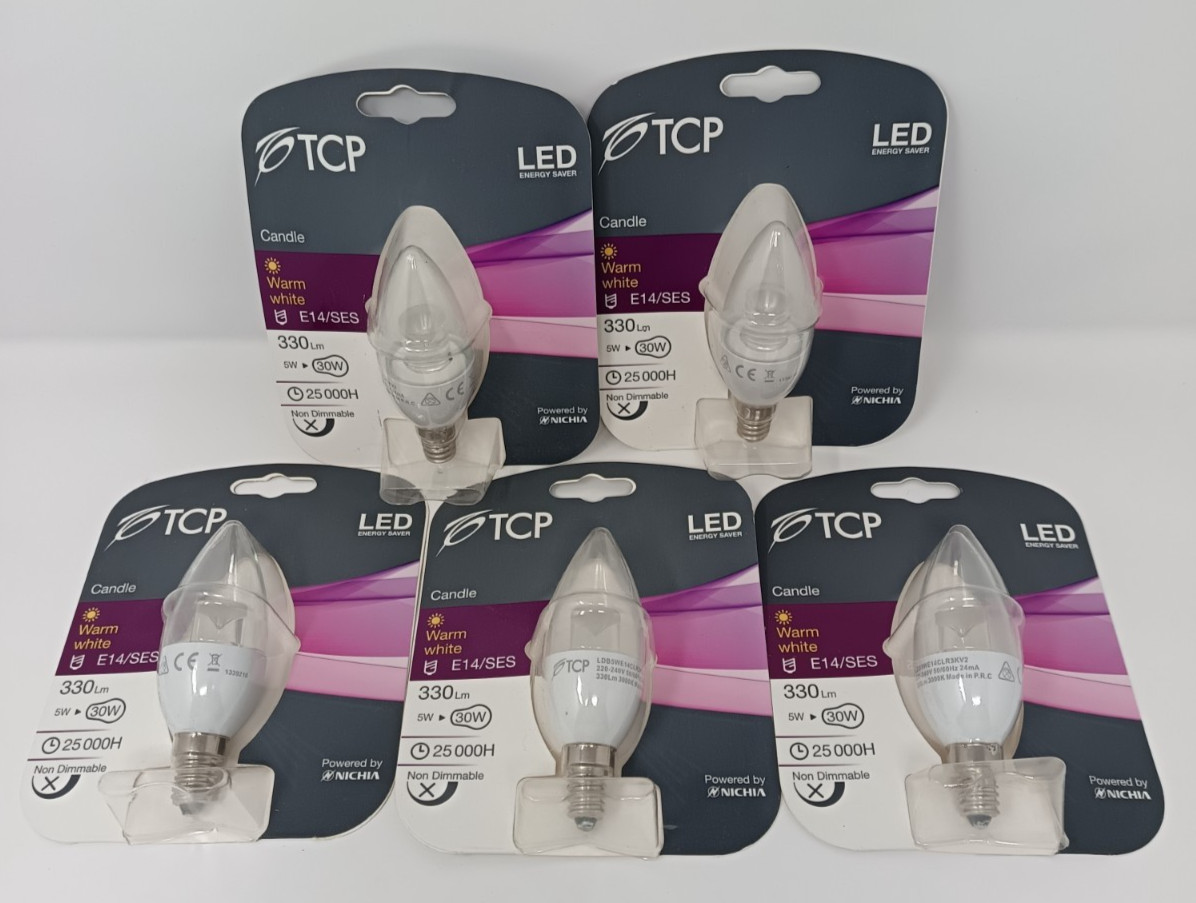 5 x TCP Warm White E14 SES 330Lm 5W LED Non-Dimmable Candle Bulb 25000 Hrs