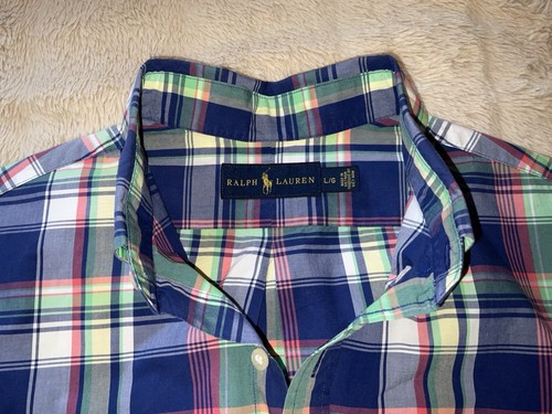 Ralph Lauren Shirt Mens Large Blue Green Plaid Button Short Sleeve Casual Cotton