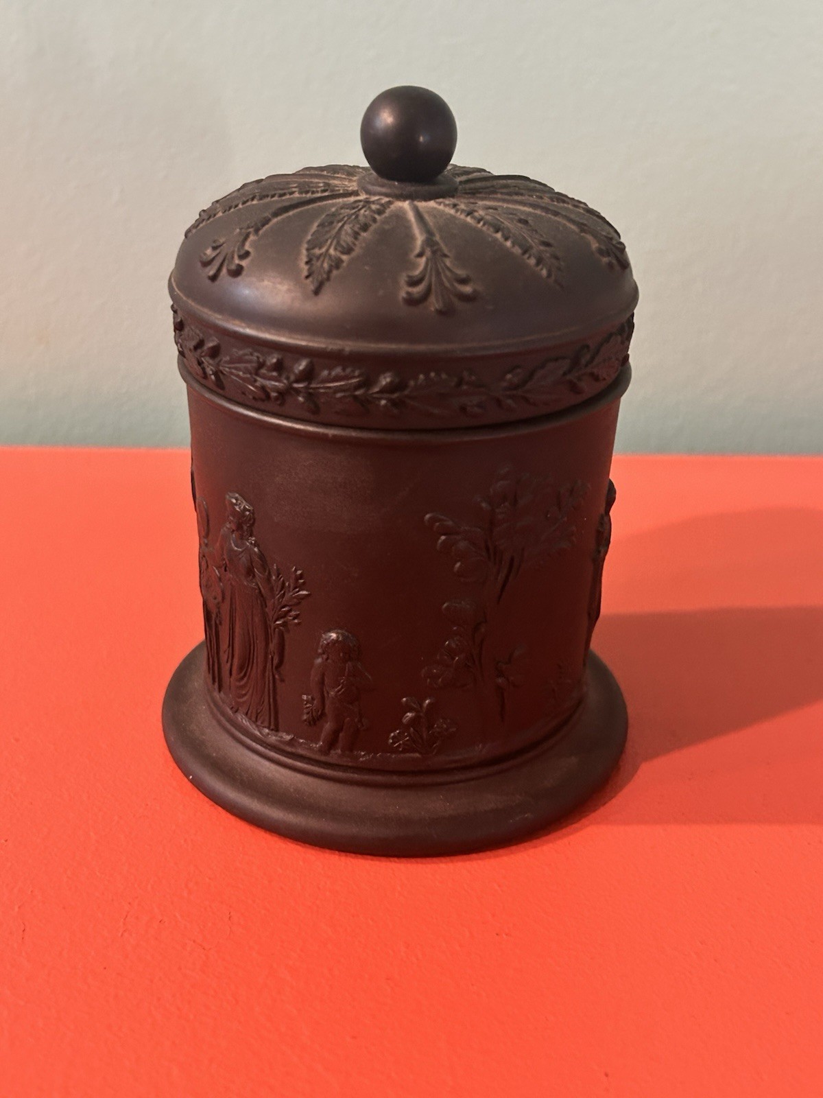 Antique Wedgwood Black Basalt Jasperware Lidded Tobacco Jar Neoclassical Relief