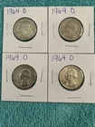 Lot of 4 Silver Washington Quarters (1964 D)