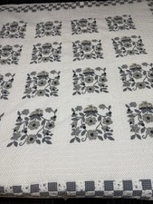 Vintage White  Black Floral Basket Quilt -80x80  -cottage
