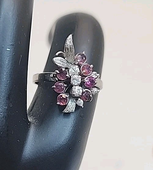 Vintage Sterling Silver Natural Tourmaline & Cubic Zirconia Ring Size 7
