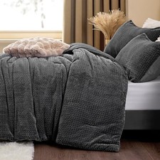 Fluffy Comforter King Set - Furry Leaves Pattern Faux Fur King 102"x90" Grey