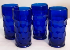 4 MCM Honeycomb GEORGIAN Paden City COBALT BLUE Pressed Glass ICED TEA TUMBLERS