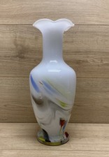 Vintage Murano Style Hand Blown Art Glass Vase Ruffled Lip Multicolor Swirl 14  
