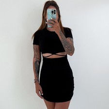 Ladies H&M Ribbed Dress Black Cut Out Ruched Bodycon Short Sleeved Size XS, 6-8