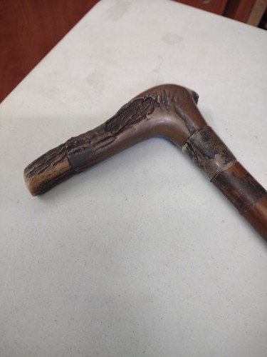 Antique Stag Handle Wood Cane / Walking Stick w/ Sterling Band Copper Cover - Picture 3 of 11