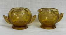  Vintage Duncan & Miller Glastonbury-Lotus Amber Gold Glass Creamer & Sugar Set