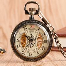 Roman Dial Pocket Watch with Floral Bronze Mechanical Movement Vintage Gift