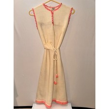 Vintage Sears Sweater Dress Womens M Ivory Pink Scallop Trim Tassel Midi