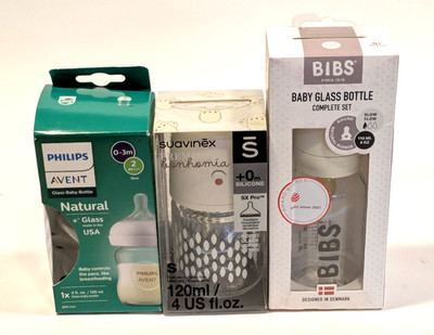 Lot of 3 +0 Glass Bottles - Suavinex Bonhomia, Bibs & Avent NEW