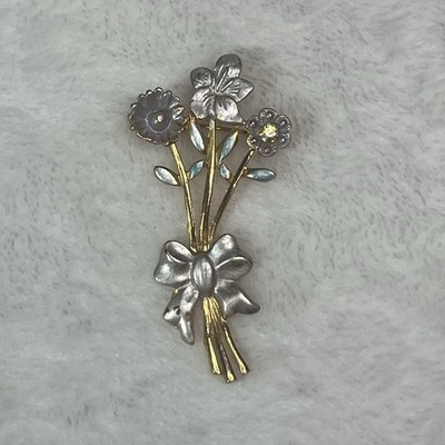 Vintage Costume Jewelry Silver-Tone, Enamel Bunch of Flowers Brooch
