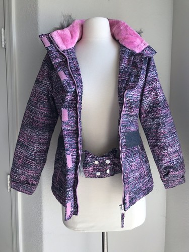 Warm Winter Coat Jacket Child size Large 10-12 Pink Gray Removable Faux Fur Hood - Picture 3 of 20