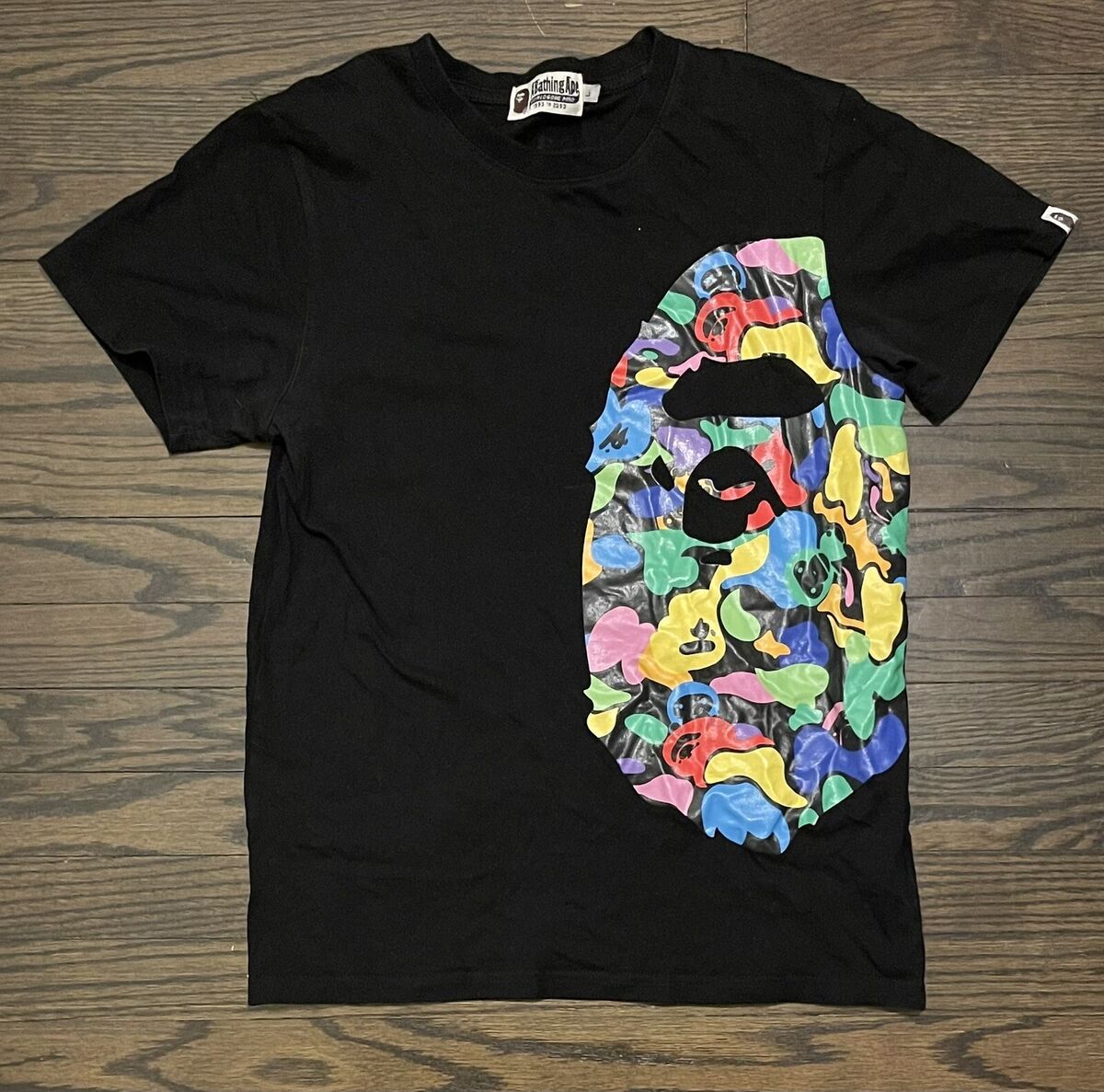 RARE Side Bape Head Multi Camo Rainbow Baby Milo Black Tee T RARE Side Bape Head Multi Camo Rainbow Baby Milo Black Tee T