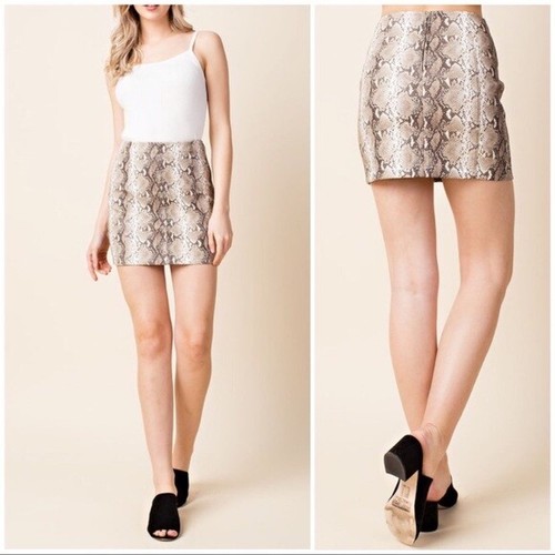 Taupe Nude Snake Animal Print Faux Leather High Waist Mini Skirt Womens - Picture 2 of 3