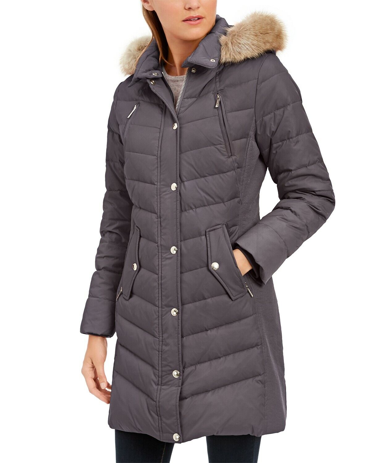 Michael Kors Women's Gunmetal Faux-Fur-Trim Hooded Chevron Down Puffer Coat  M | eBay