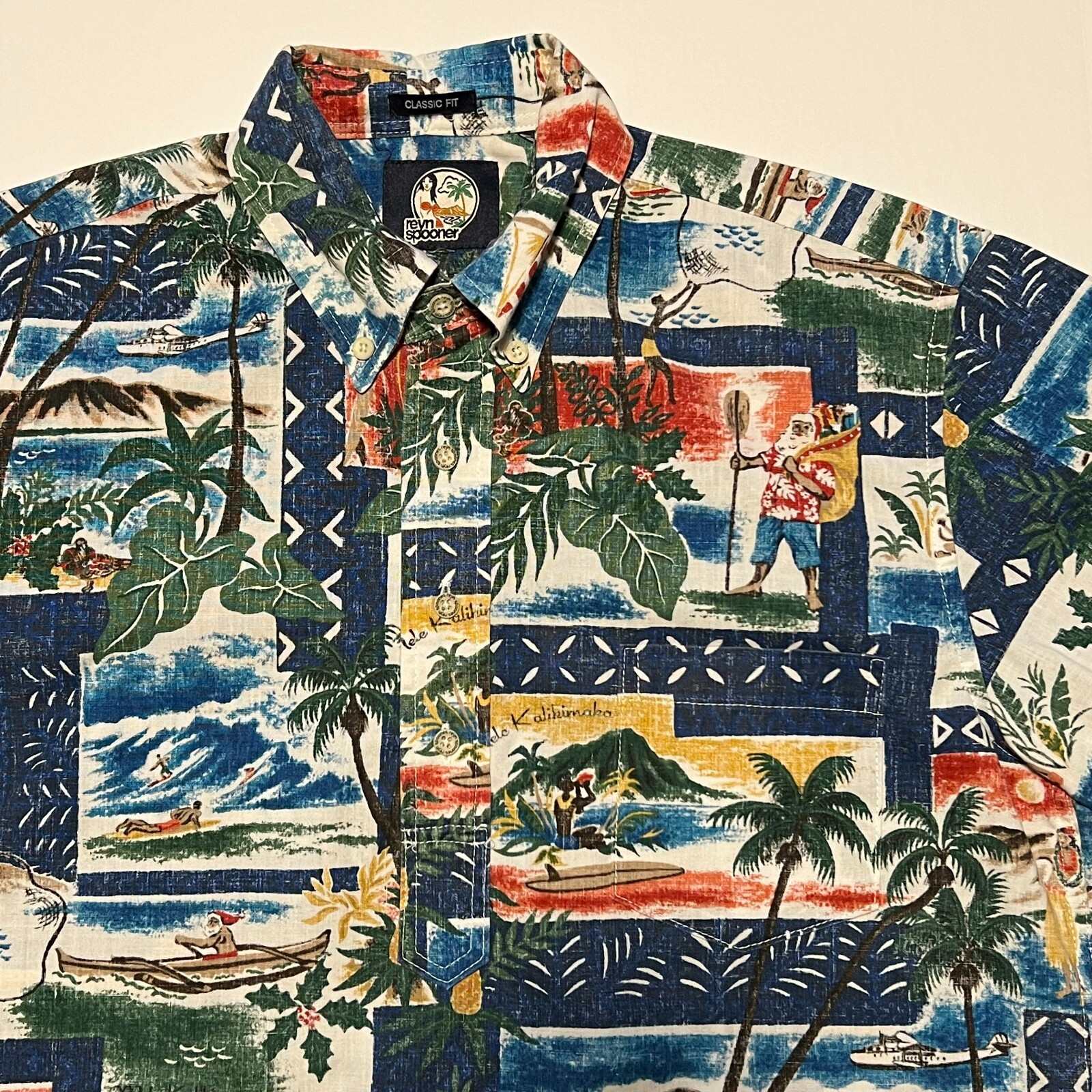 Reyn Spooner MELE KALIKIMAKA All-over Print Button-Down Box Shirt, Hawaiian Aloha Shirt, Men's Size M cotton green type Vintage Second Hand main image 1