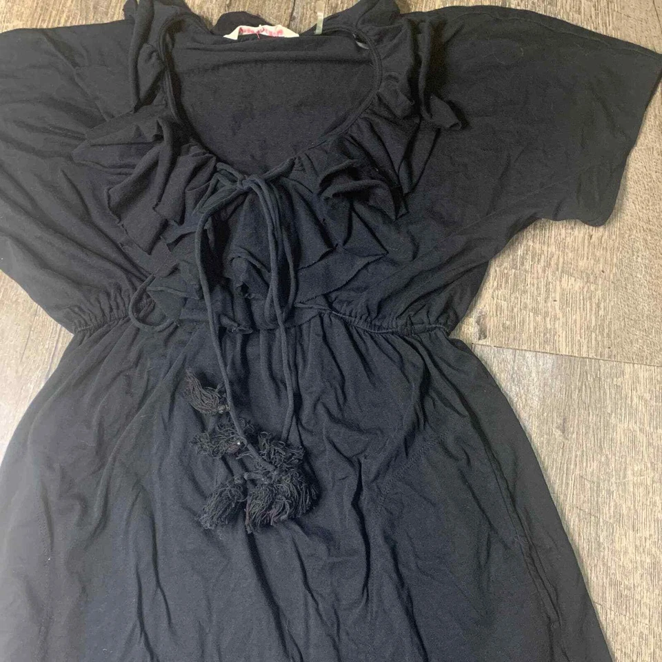 Rebecca Taylor Dress Womens Size XS Black Ruffle Tasseled Neck Elastic Waist - Image 2 of 4