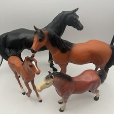 4 Vintage Plastic Horse Lot Blue Box Blue Ribbon Brown Black