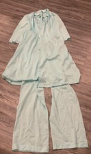 VTG Vanity Fair Mint Short Sleeve Button Up Top Long Pants Nylon Pajama Set S