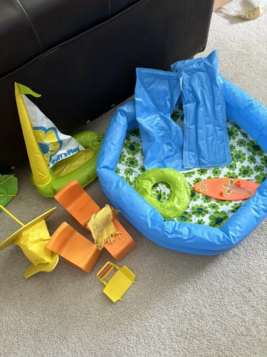 Vintage 1980’s Barbie Blow Up Pool, Sailboat & camping Set