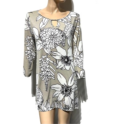 Clara Sun Woo Floral Tunic Top Women s Size XL Pullover Sharkbite Hem Keyhole