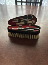 Manicure Set With Clothes Brush with Leather zipping Top travel size vintage
