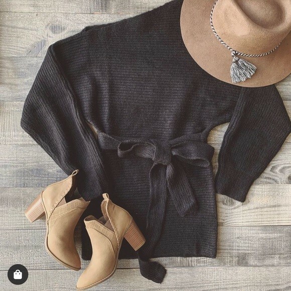 Off The Shoulder Black Chunky Knit Ribbed Belted Mini/Midi Sweater Dress  Size L | eBay