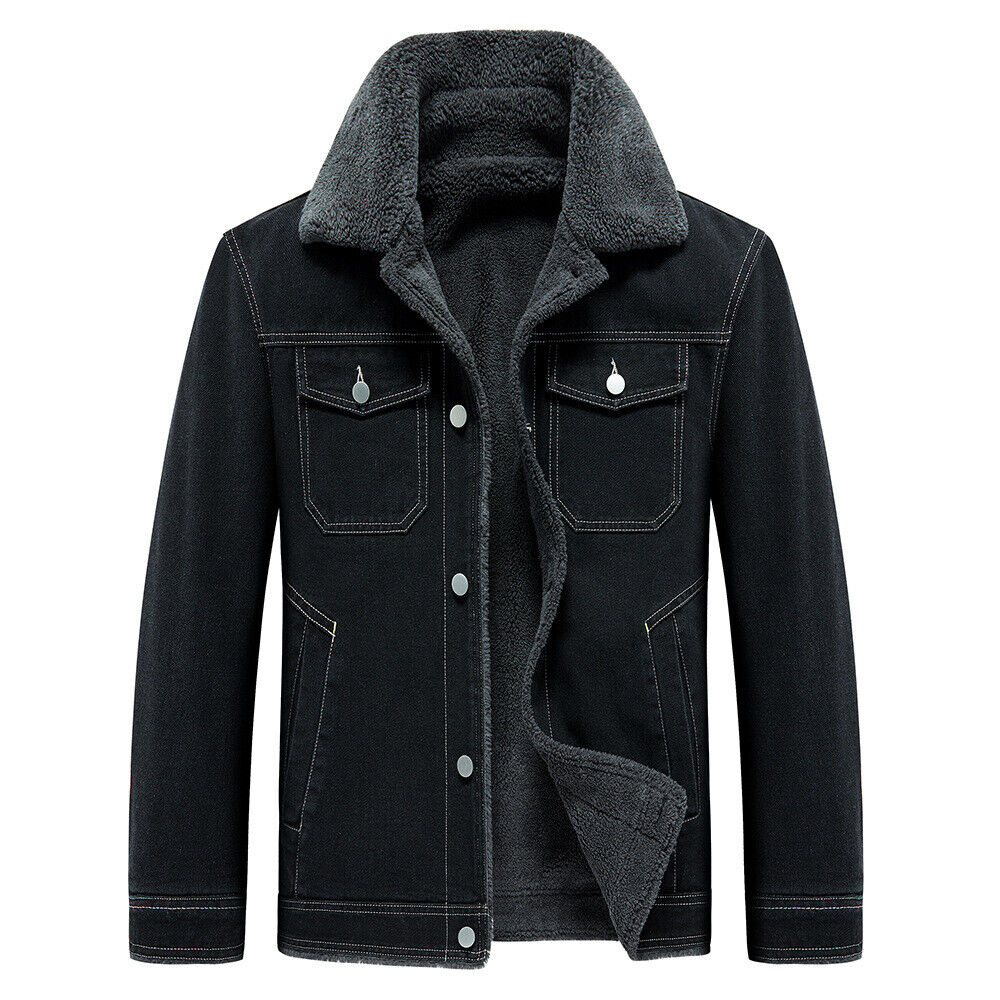 Men Faxu Fleece Lined Thicken Denim Jacket Winter Lapel Jean Men Faxu Fleece Lined Thicken Denim Jacket Winter Lapel Jean