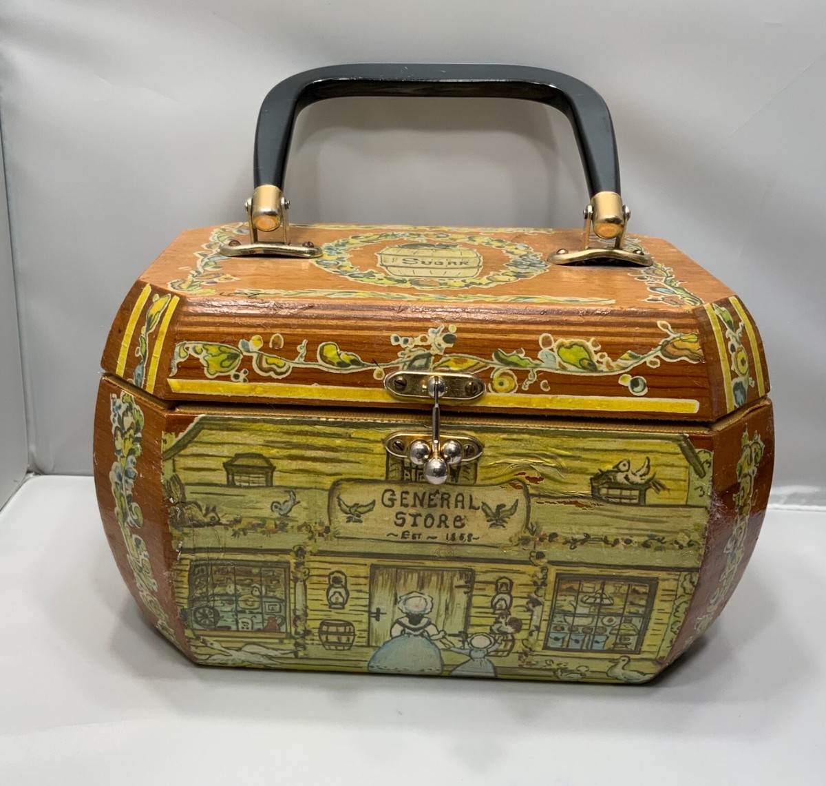 Vintage Anton Pieck Wood Box Purse Decoupage Colonial Scene Lucite