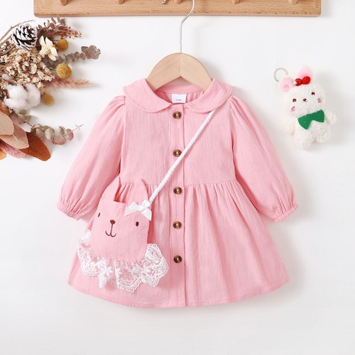 Newborn Baby Girls Button Down Dress Kids Infant Party Shirt Dress + Bags Set - Picture 3 of 7