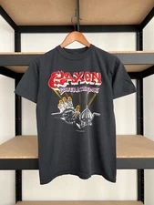 Vintage 1983 Saxon Power & the Glory Leeds Black T-shirt Sz S
