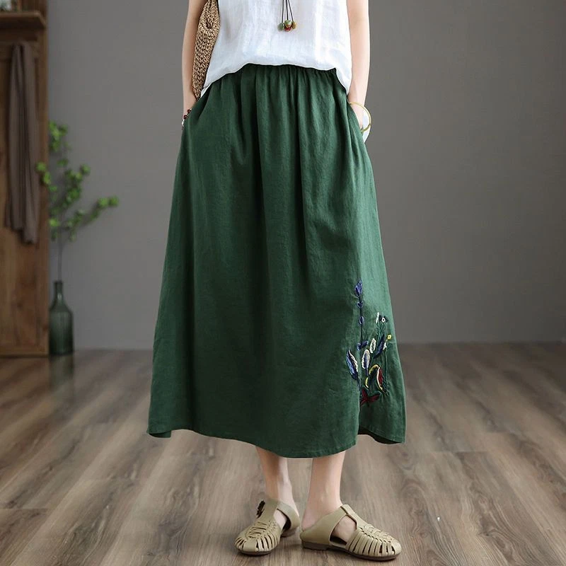 Women Ethnic Floral Skirt Cotton Linen Retro Embroidered Half Dress Casual Loose