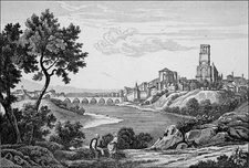 ALBI: OLD BRIDGE & FORTIFIED CATHEDRAL SAINTE-CECILIA TARNISH - 19th century engraving