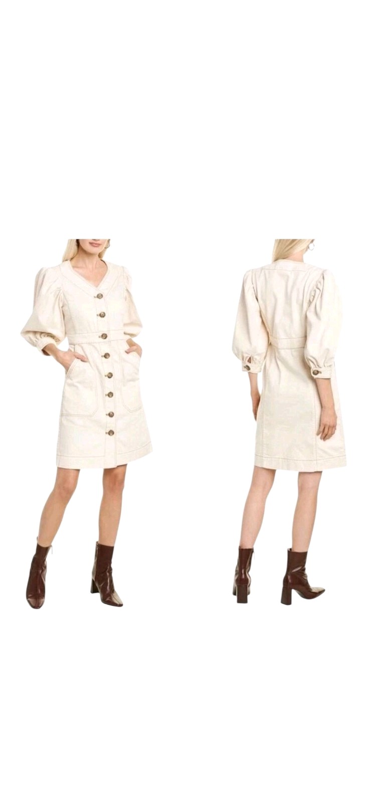 Tory Burch Womens Ivory Button Front Puffed Sleeve Cotton Dress SZ 14 New NWT thumbnail 3