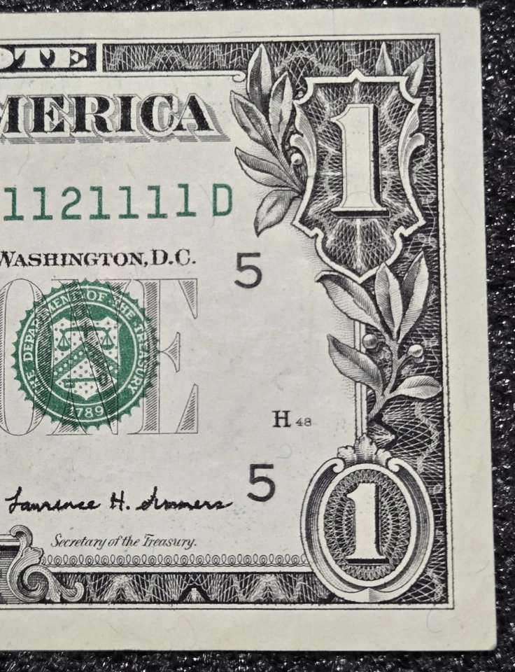 $1 Dollar Bill Binary Serial Number 1s 2s Seven Of A Kind Near Solid 11121111 - Image 4 of 4