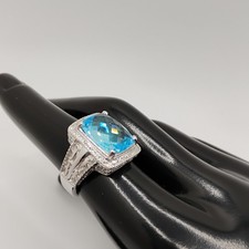 Cushion Cut Blue CZ and Sterling Silver Ring Size 7
