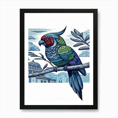 Doodle Parrot On A Branch Art Print Framed Wall Art Poster Canvas Print Picture