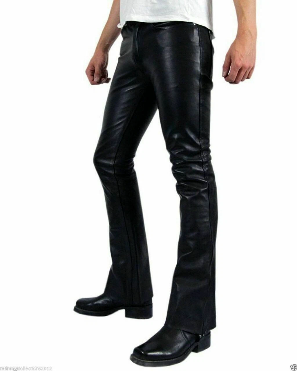 Urban Men's Genuine Lambskin Authentic Leather Pant Bell Bottom Basic Black