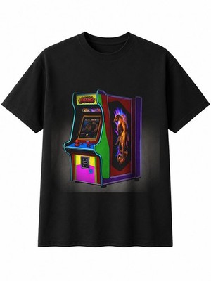 Airbrush Arcade Cabinet Arch Retro Y2K Herren T-Shirt Schwarz 100% Baumwolle Nostalgie